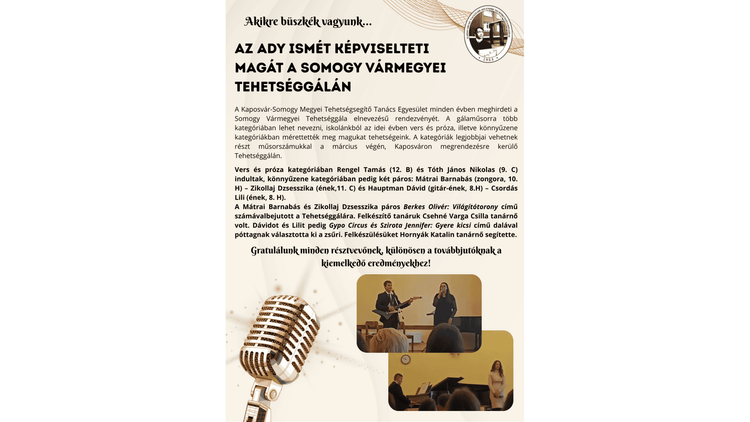 AZ ADY ISMÉT KÉPVISELTETI MAGÁT A SOMOGY VÁRMEGYEI TEHETSÉGGÁLÁN