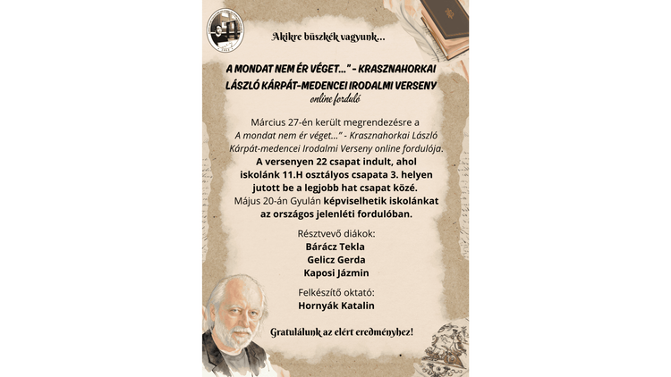 A mondat nem ér véget…” - Krasznahorkai László Kárpát-medencei Irodalmi Verseny online forduló