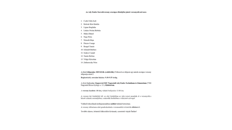 Ady Endre Szavalóverseny országos döntőjébe jutott versenyzők névsora